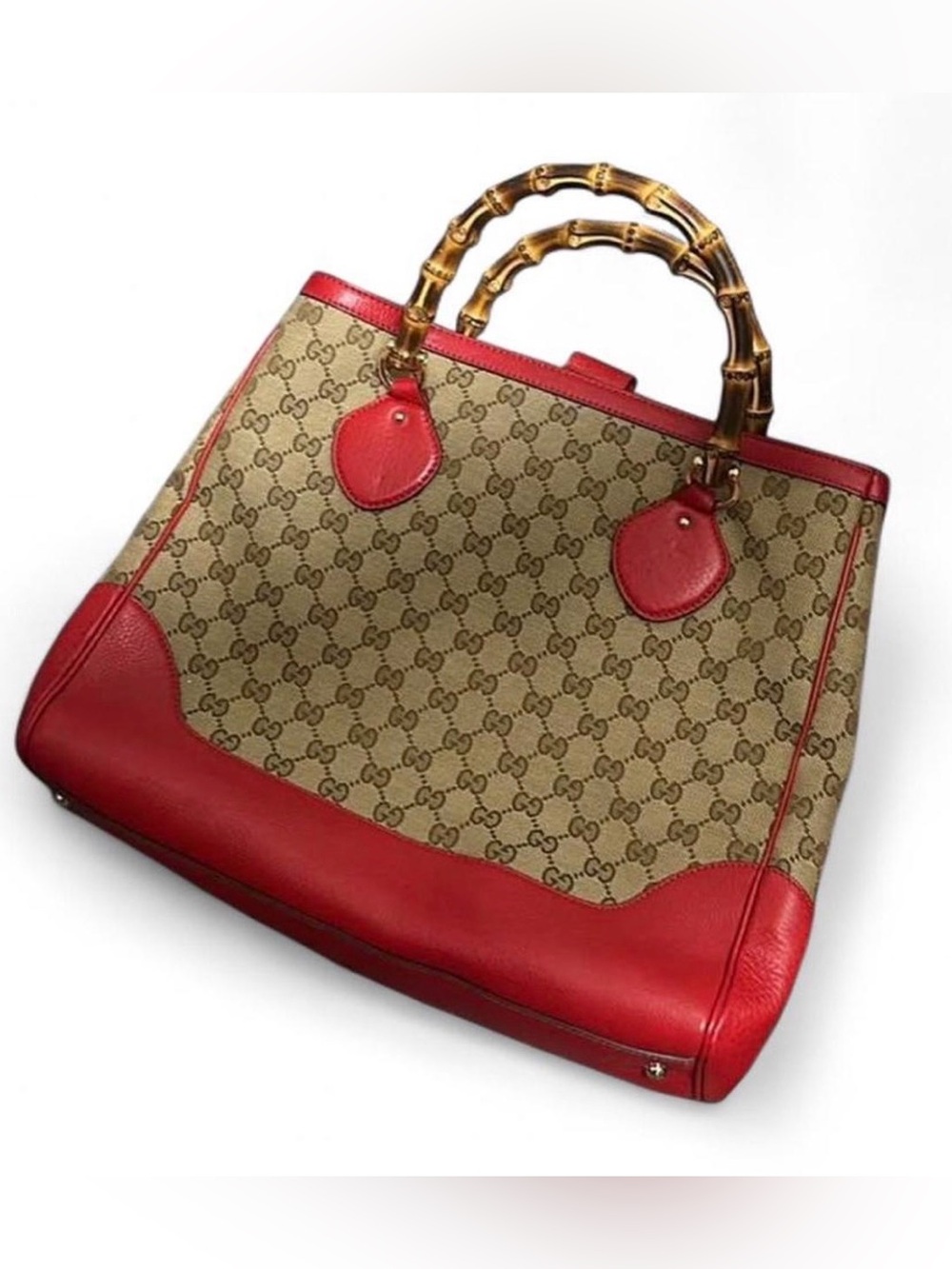 Gucci Diana Red Leather & GG Canvas Bamboo Top-Handle Tote